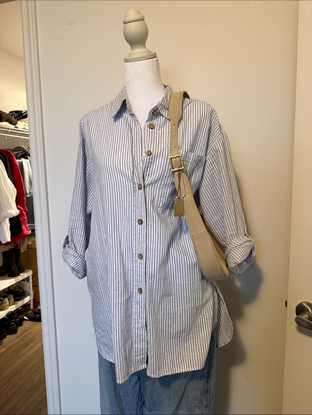 Striped Blue and White Women’s Button-Up Shirt / Cotton and Lien